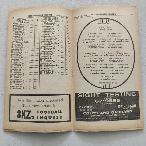 VFL 1961 August 12 Carlton v North Melbourne Football Record