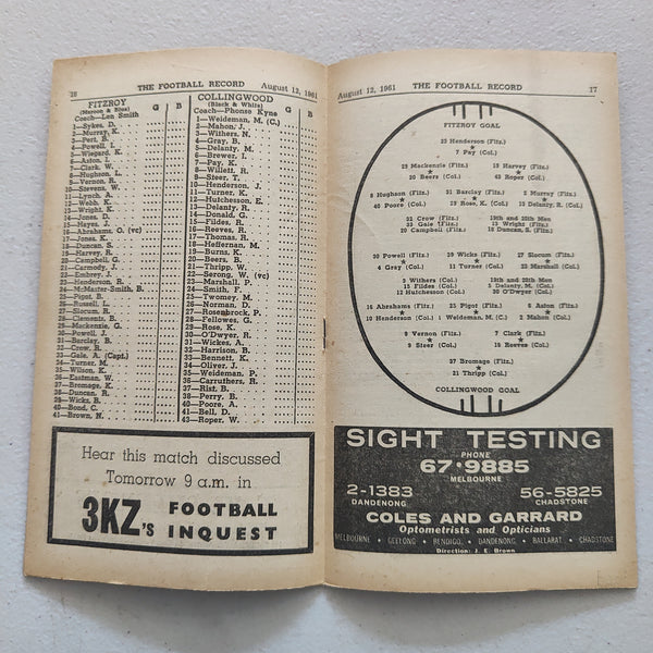 VFL 1961 August 12 Fitzroy v Collingwood Football Record