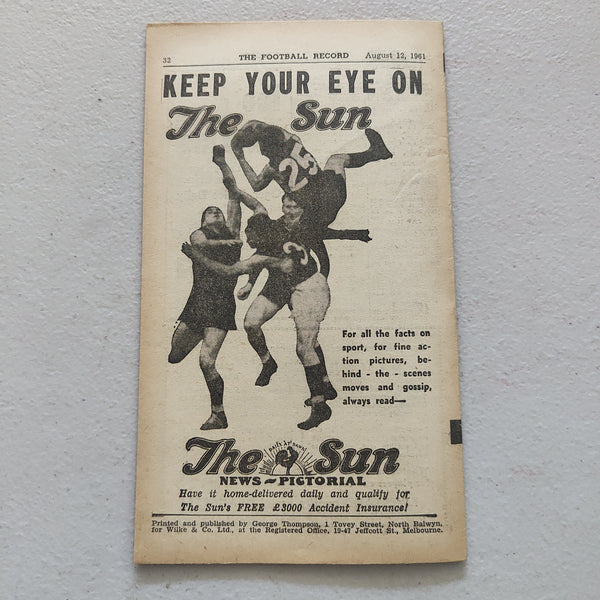 VFL 1961 August 12 Fitzroy v Collingwood Football Record