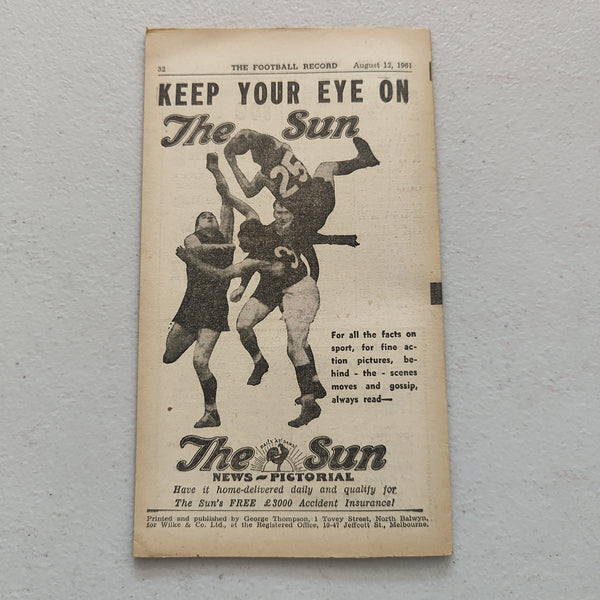 VFL 1961 August 12 St Kilda v Richmond Football Record