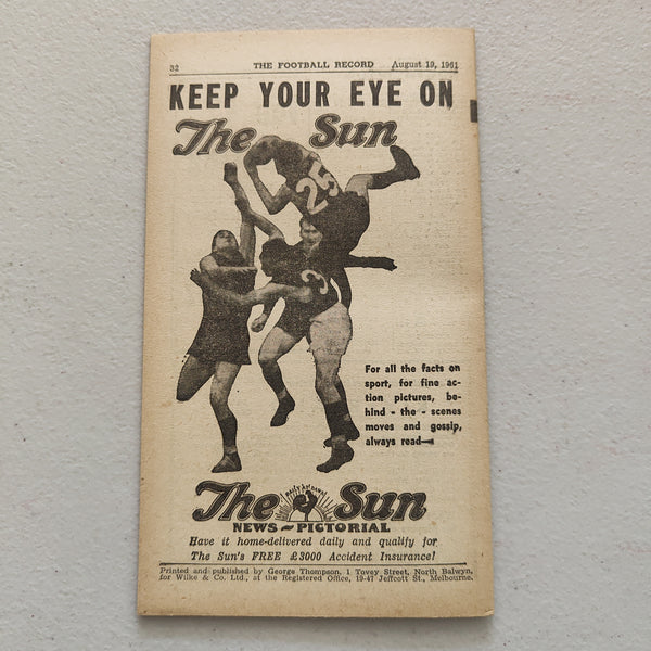 VFL 1961 August 19 North Melbourne v Fitzroy Football Record