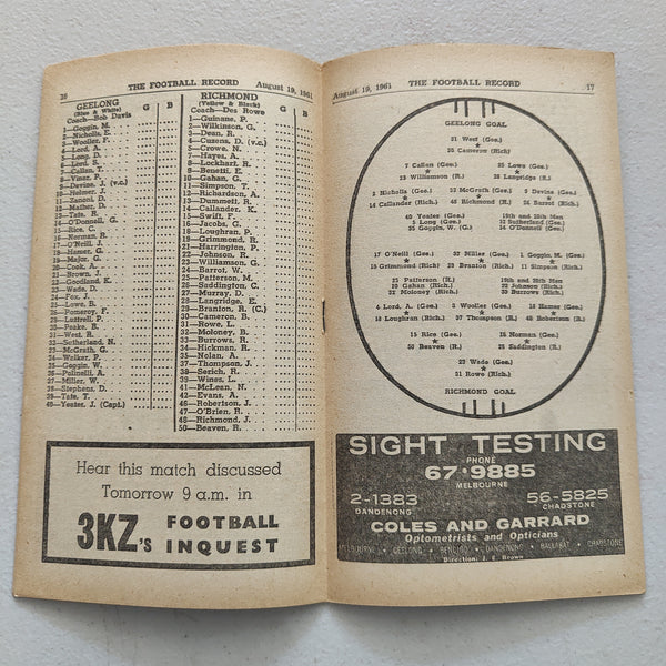 VFL 1961 August 19 Geelong v Richmond Football Record