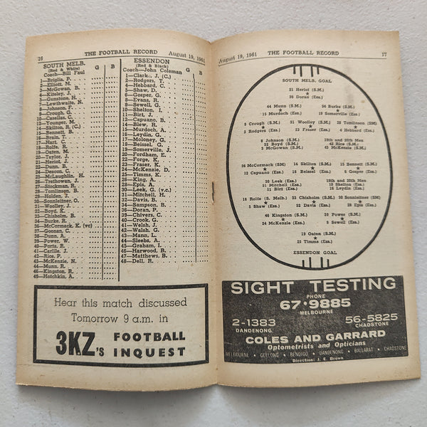 VFL 1961 August 19 South Melbourne v Essendon Football Record