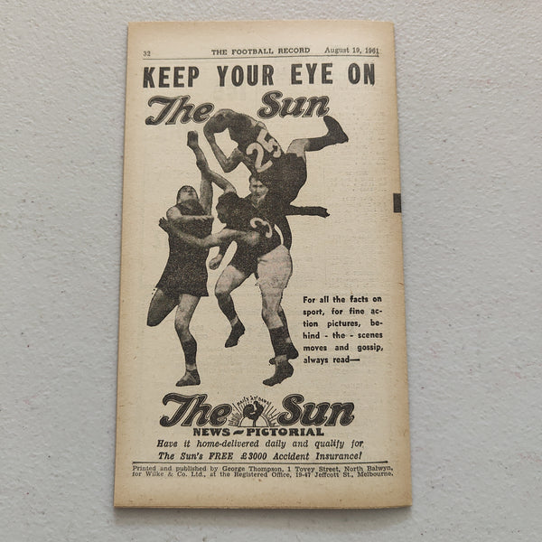 VFL 1961 August 19 South Melbourne v Essendon Football Record