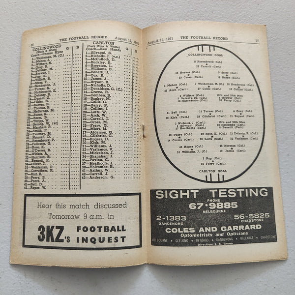 VFL 1961 August 19 Collingwood v Carlton Football Record