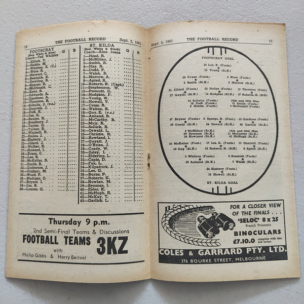 VFL 1961 September 2 1st Semi Final Footscray v St Kilda Football Record