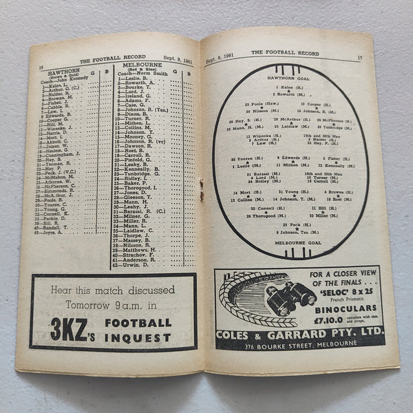 VFL 1961 September 9 2nd Semi Final Hawthorn v Melbourne Football Record