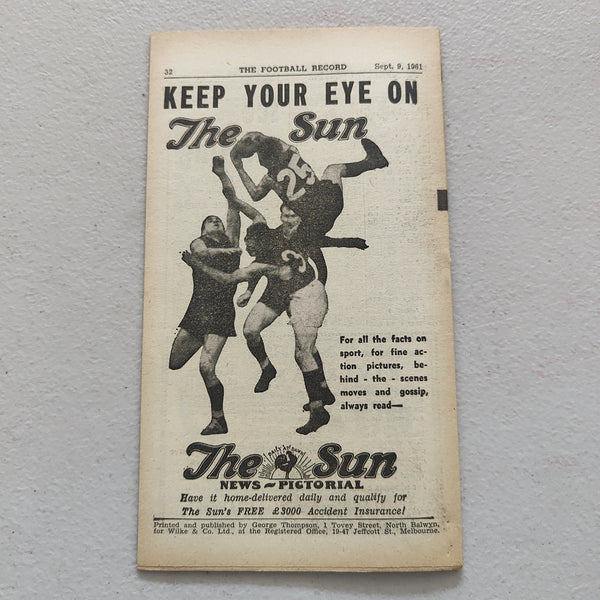 VFL 1961 September 9 2nd Semi Final Hawthorn v Melbourne Football Record