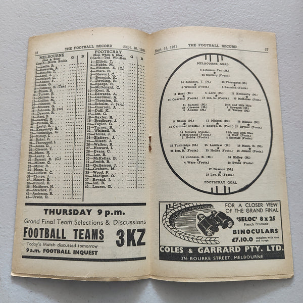 VFL 1961 September 16 Final Melbourne v Footscray Football Record