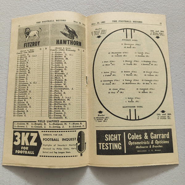 VFL 1962 May 26 Fitzroy v Hawthorn Football Record