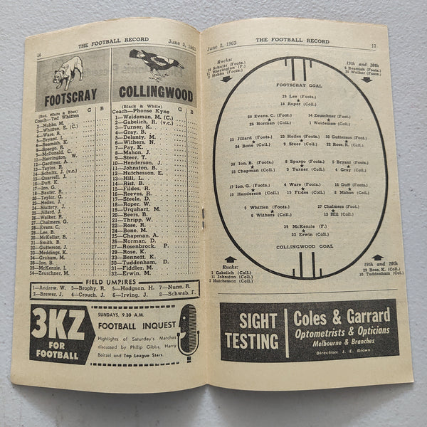 VFL 1962 June 2 Footscray v Collingwood Football Record