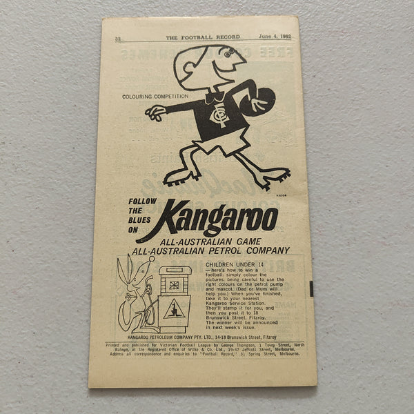 VFL 1962 June 4 Carlton v Melbourne Football Record