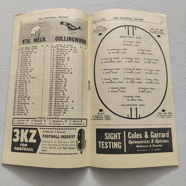 VFL 1962 June 9 North Melbourne v Collingwood Football Record