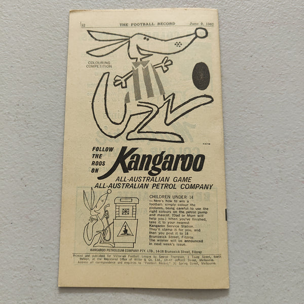 VFL 1962 June 9 North Melbourne v Collingwood Football Record