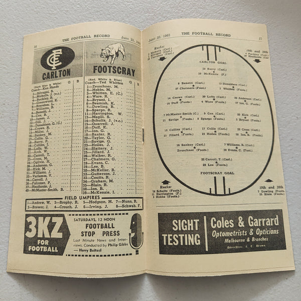 VFL 1962 June 23 Carlton v Footscray Football Record