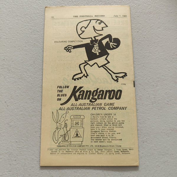 VFL 1962 July 7 Carlton v South Melbourne Football Record