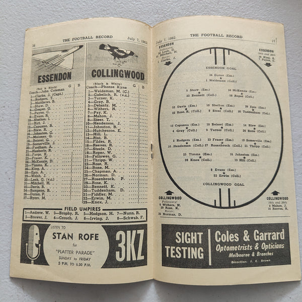 VFL 1962 July 7 Essendon v Collingwood Football Record