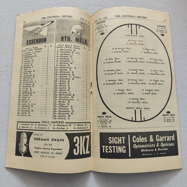 VFL 1962 July 21 Essendon v North Melbourne Football Record