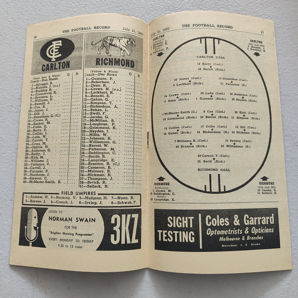 VFL 1962 July 21 Carlton v Richmond Football Record