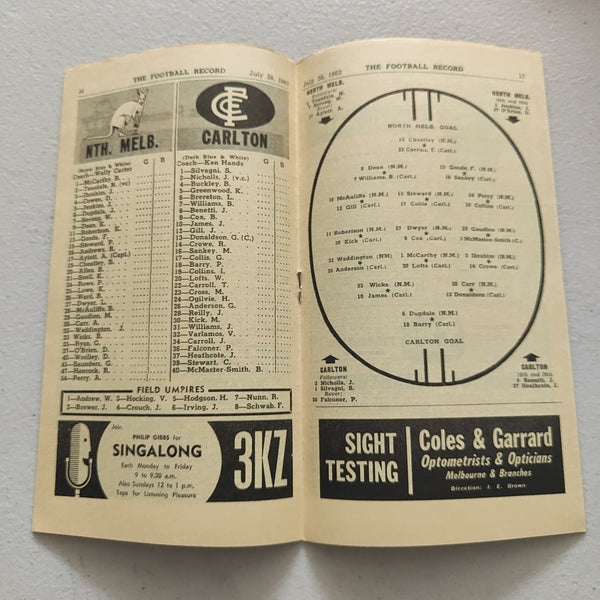 VFL 1962 July 28 North Melbourne v Carlton Football Record