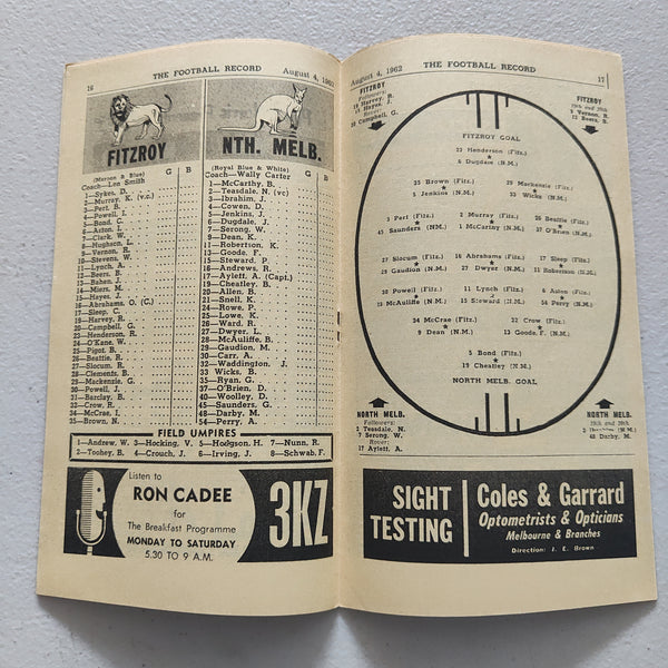 VFL 1962 August 4 Fitzroy v North Melbourne Football Record