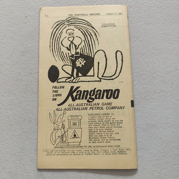 VFL 1962 August 4 Fitzroy v North Melbourne Football Record