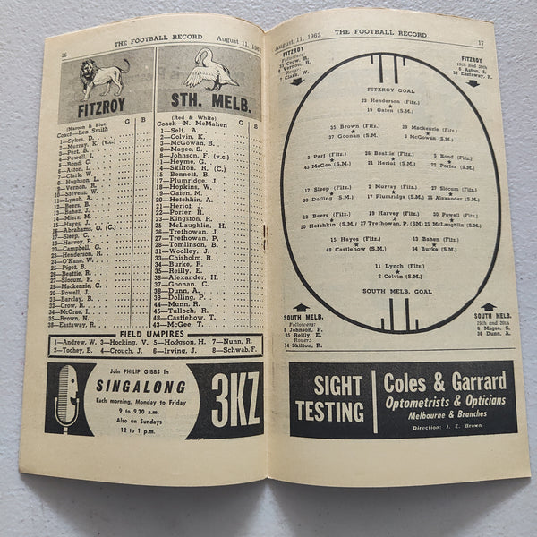 VFL 1962 August 11 Fitzroy v South Melbourne Football Record