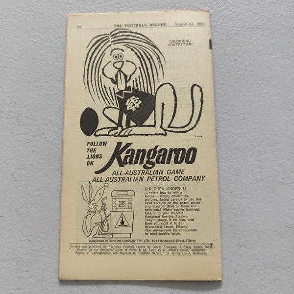 VFL 1962 August 11 Fitzroy v South Melbourne Football Record