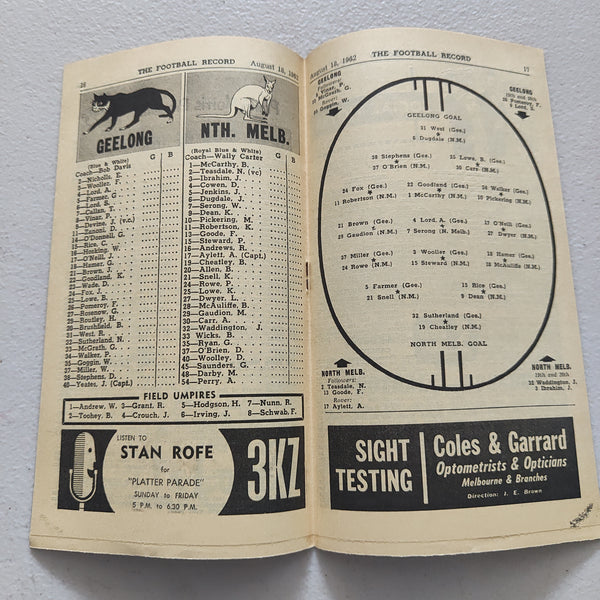 VFL 1962 August 18 Geelong v North Melbourne Football Record