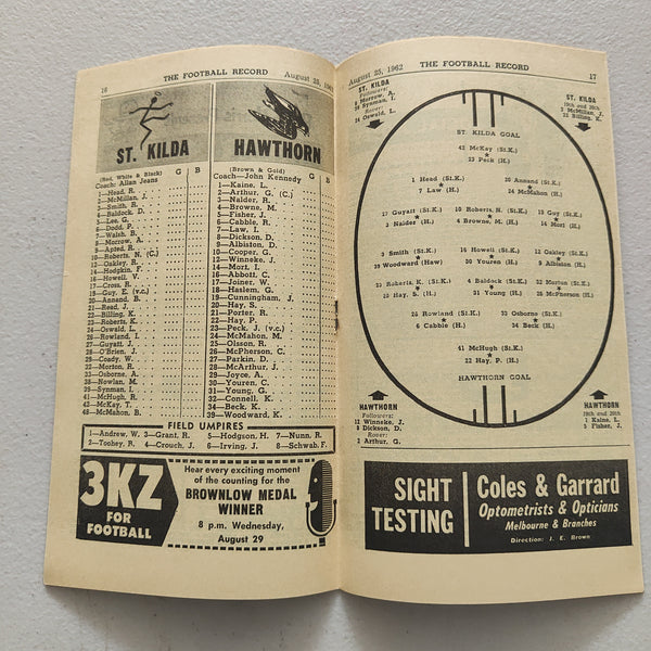 VFL 1962 August 25 St Kilda v Hawthorn Football Record