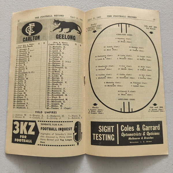 VFL 1962 April 21 Carlton v Geelong Football Record