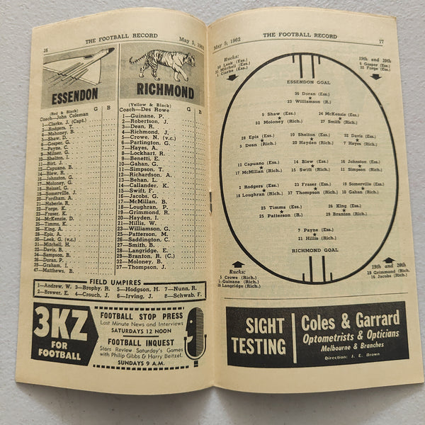 VFL 1962 May 5 Essendon v Richmond Football Record