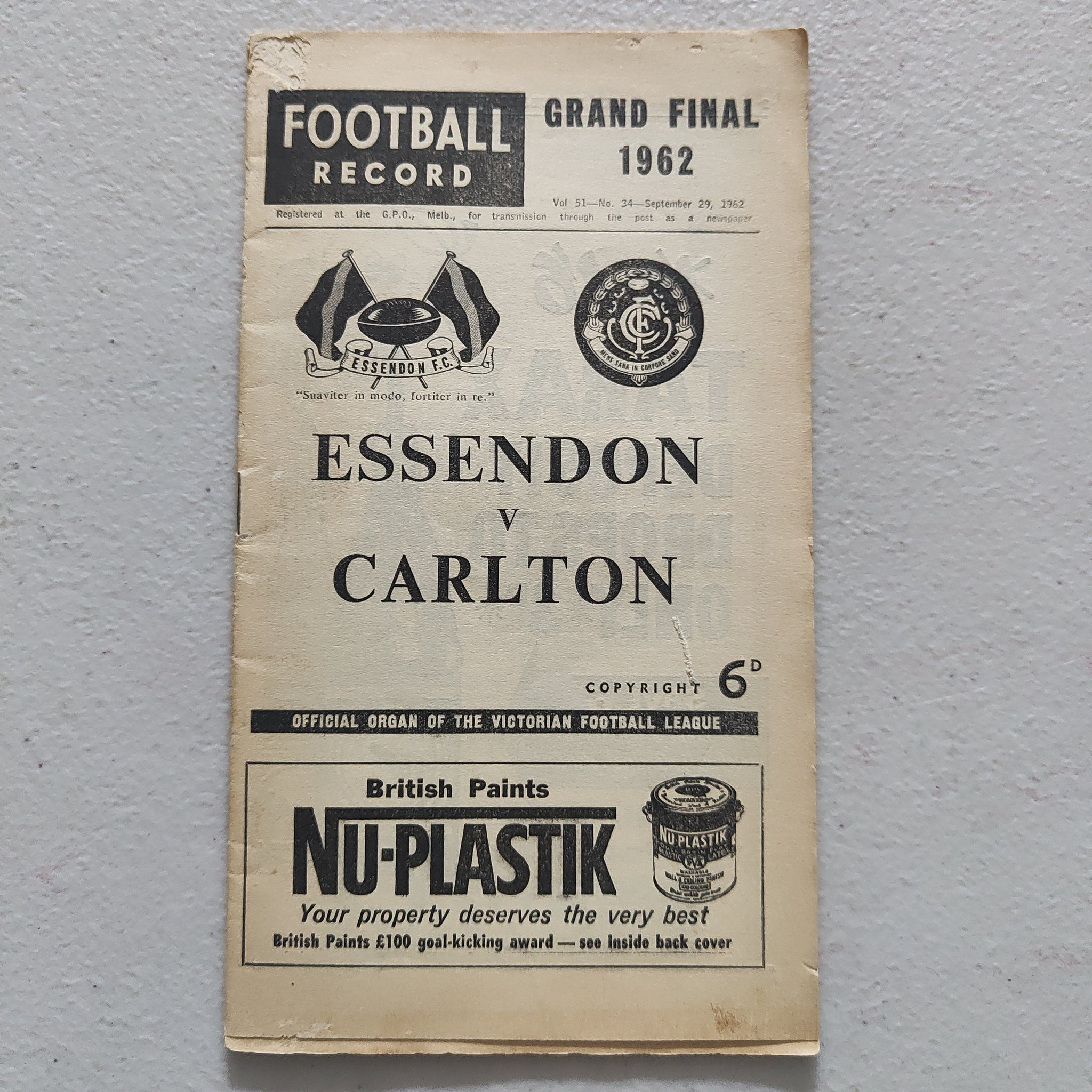 VFL 1962 September 29 Grand Final Essendon v Carlton Football Record