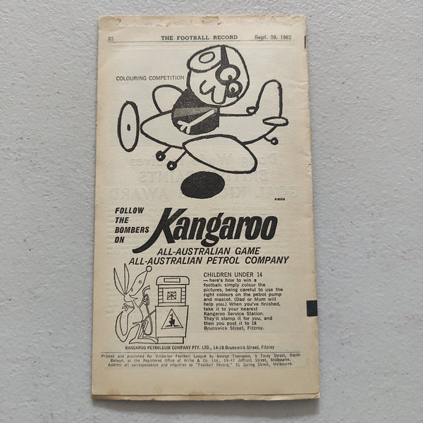 VFL 1962 September 29 Grand Final Essendon v Carlton Football Record