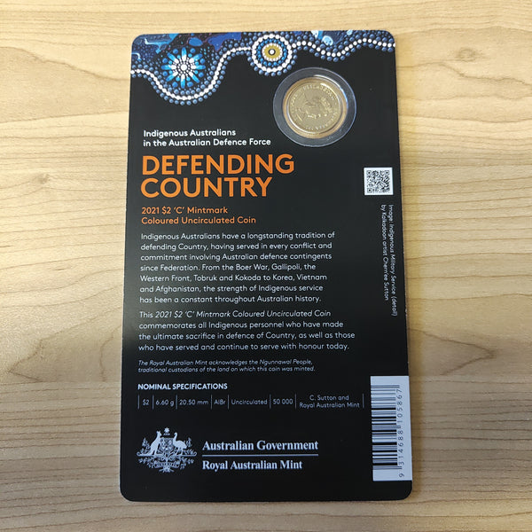 2021 Australia $2 Defending Country Indigenous Military Service C Mintmark Coloured Coin