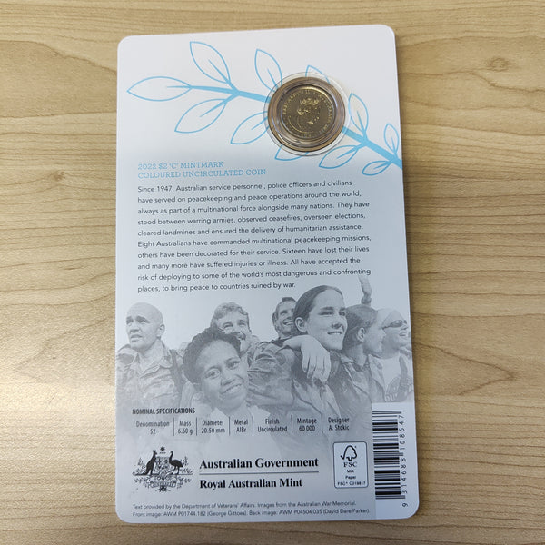 2022 Australia $2 75th Anniversary of Peacekeeping C Mintmark Carded Uncirculated Coin