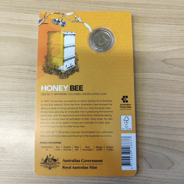 2022 Royal Australian Mint $2 Coloured Honey Bee Mint Roll and Carded Coin