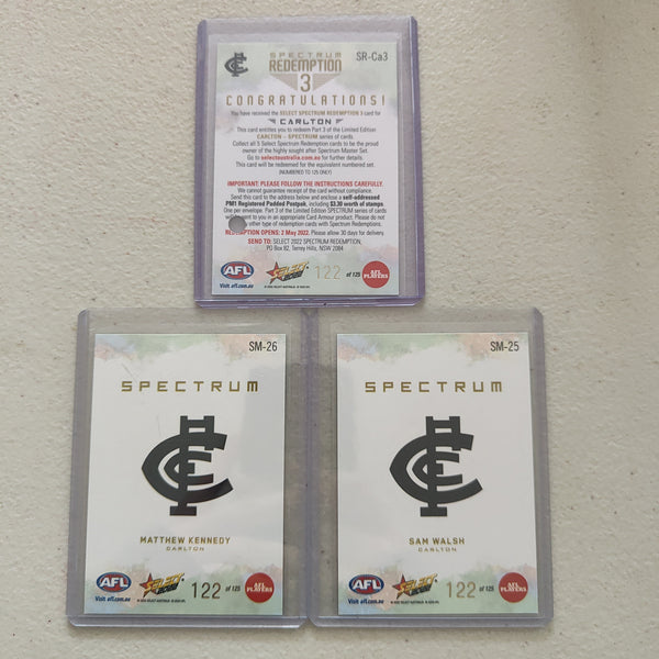 2022 AFL Select Footy Stars Spectrum Redemption 3 Carlton 122/125 Matthew Kennedy Sam Walsh