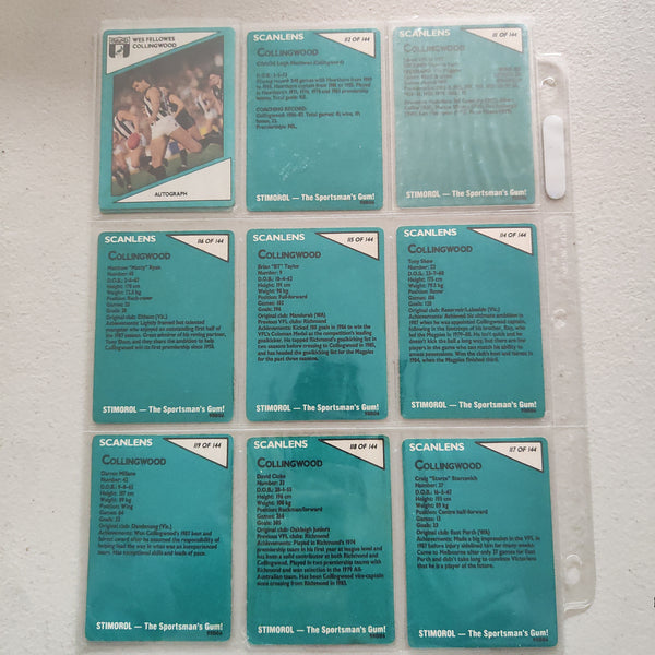 1988 Scanlens Collingwood Magpies Team Set of 10 Cards