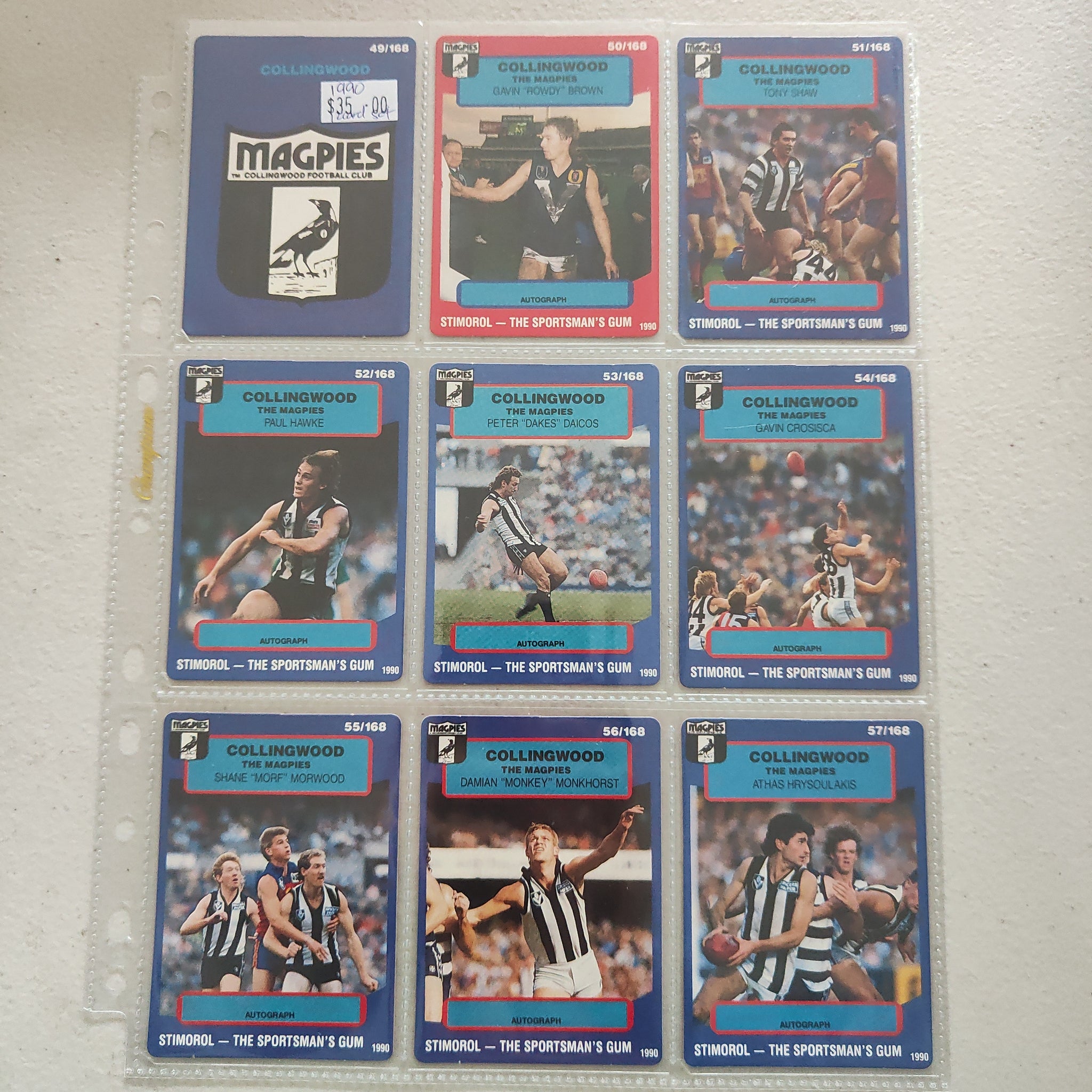 1990 Scanlens Stimorol Collingwood Magpies Team Set of 12 Cards