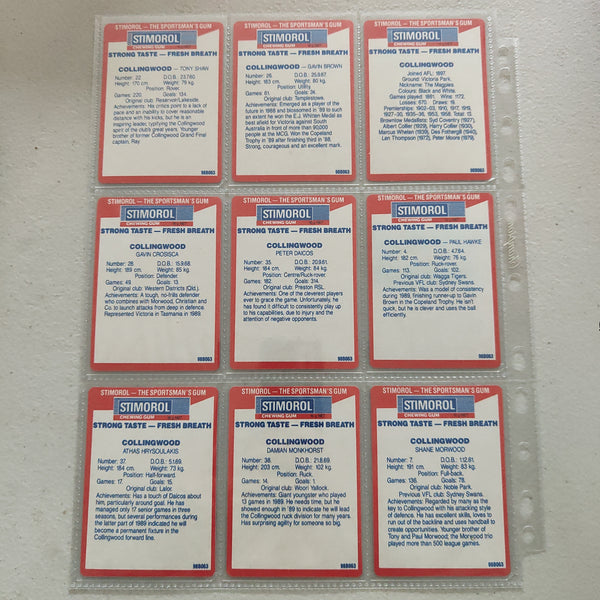 1990 Scanlens Stimorol Collingwood Magpies Team Set of 12 Cards