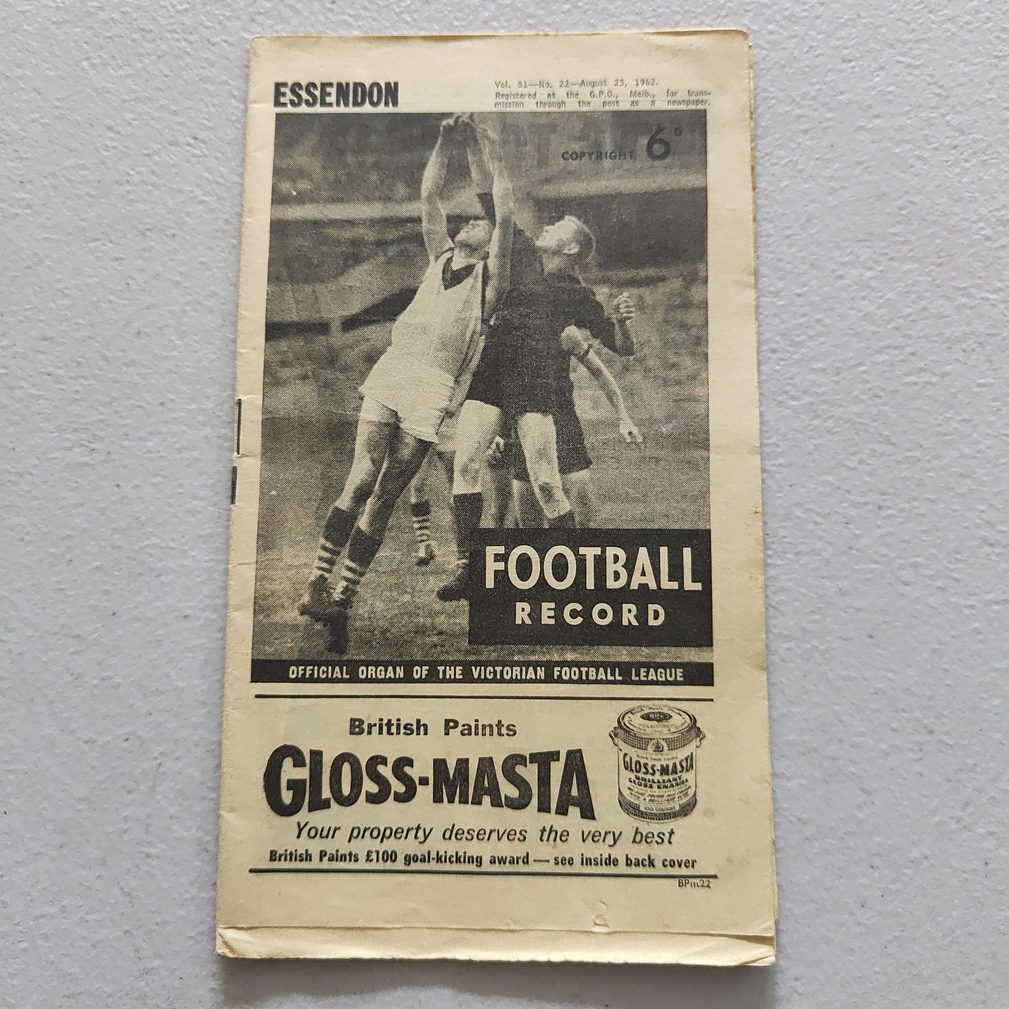 VFL 1962 August 25 Essendon v South Melbourne Football Record Shields