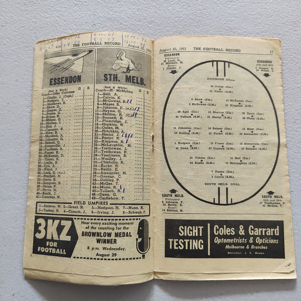 VFL 1962 August 25 Essendon v South Melbourne Football Record