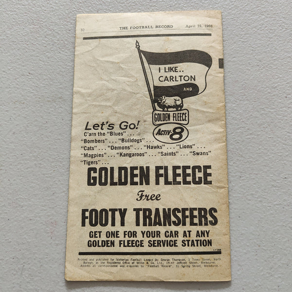 VFL 1966 April 25 Footscray v North Melbourne Football Record