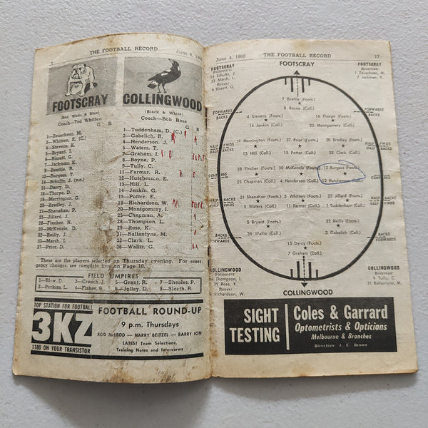 VFL 1966 June 4 Footscray v Collingwood Football Record