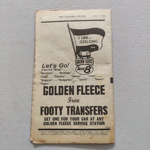 VFL 1966 June 4 Footscray v Collingwood Football Record