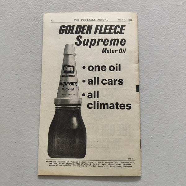 VFL 1968 May 4 Essendon v South Melbourne Football Record