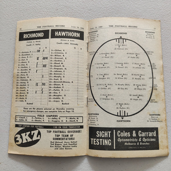 VFL 1968 June 10 Richmond v Hawthorn Football Record