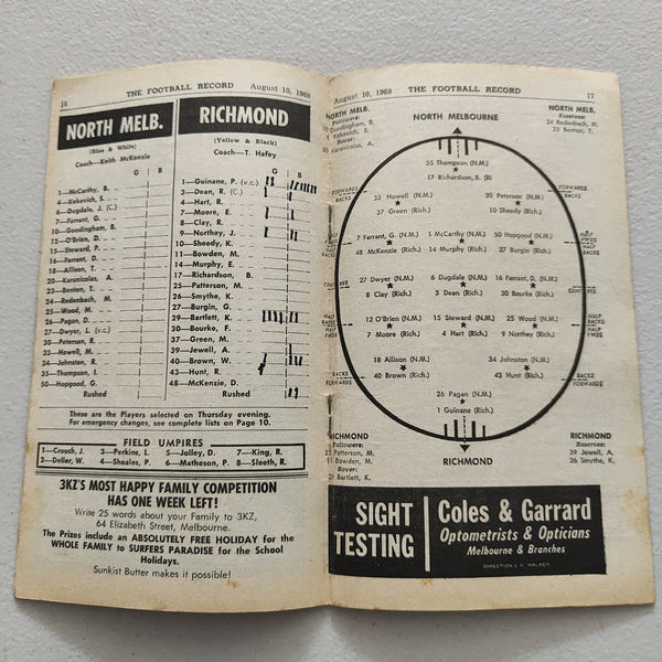 VFL 1968 August 10 North Melbourne v Richmond Football Record