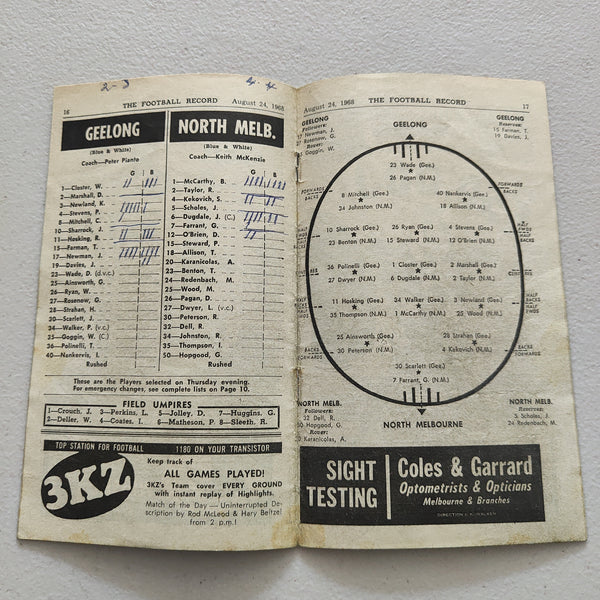 VFL 1968 August 24 Geelong v North Melbourne Football Record